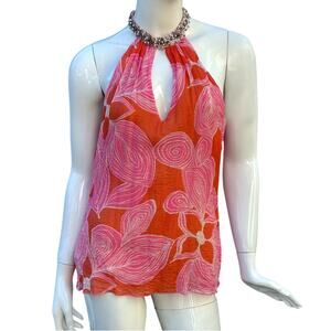 Trina Turk Silk Keyhole Beaded Halter Lined Pink Orange Metallic Tunic Top Sz 8